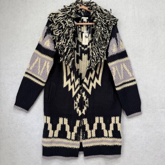 Sundance Cardigan Sweater Womens Small Navy Cream Aztec Shag Collar Knit Long - Picture 1 of 9